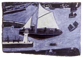 Penzance Harbour, Newlyn Harbour, Mousall Island, The Mount, Porthleven and Mullion near Lizard. the one Entrin the Harbour is a Revenu cutter from Penzance by Alfred Wallis on First Light Gallery website