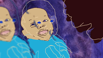 doubled up, still: Another image from the opening sequence when the doubled image breaks up again as Stanley throws his head back and laughs. He is looking at his father.