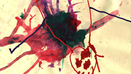 doubled up, still: Impression of a baby miscarrying, falling through visceral images. It was amazing how many of the twin’s paintings could look like graphic violence.