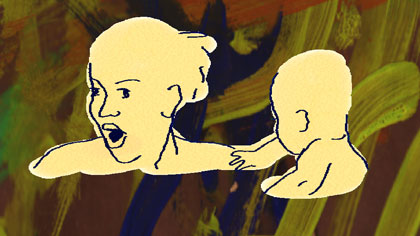 doubled up, still: Me and babies in the swimming pool. Background layered painting colour keyed and layered again.