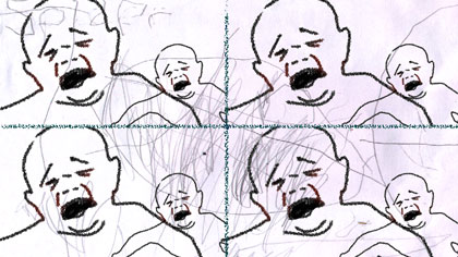 doubled up, still: Multiple image of Stan wailing – crying because we were holding him up to a mirror!