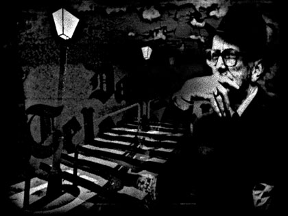 End of Restriction, still: The old footsteps: The first piece of 3D animation that I had ever made and actually liked was of a set of London Underground escalators. This scene was a simple way of repeating it, but in a Yorkshire village! The picture of the man was taken by my brother David… he had taken loads of photographs of men at an old railway station which had steam trains travelling up and down. Because they were so wrapped up with the event he could get really good candid shots of them lost in their thoughts.