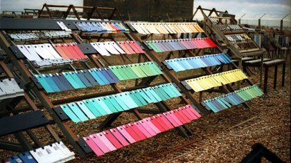 Exposure, still: Colour plates: This shot opens the film and introduces the vibrant colours of the coated plates at the site. It was taken as a 35mm still, the negative I processed myself, which I pushed to over-cook the colours. This was scanned to PC, printed up and re-filmed on my 35mm rostrum.