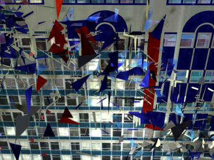 LMX Spiral, still: Even old sixties office blocks get the red, white and blue treatment.